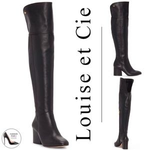 Louise et Cie Vayna Black Leather Over The Knee Tall Boots Almond Toe Block Heel